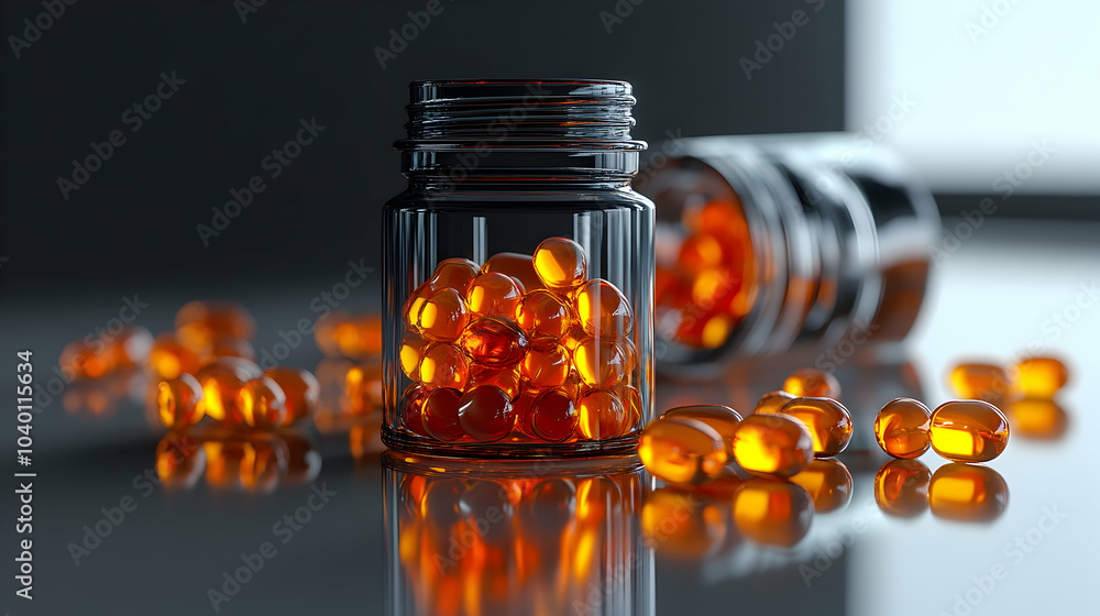 Aufkleber open bottles with colorful capsules rolling out on a reflective surface