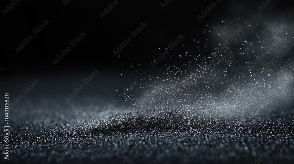 Poster black matte textured background with floating dust particles illuminated by soft light in the top ri