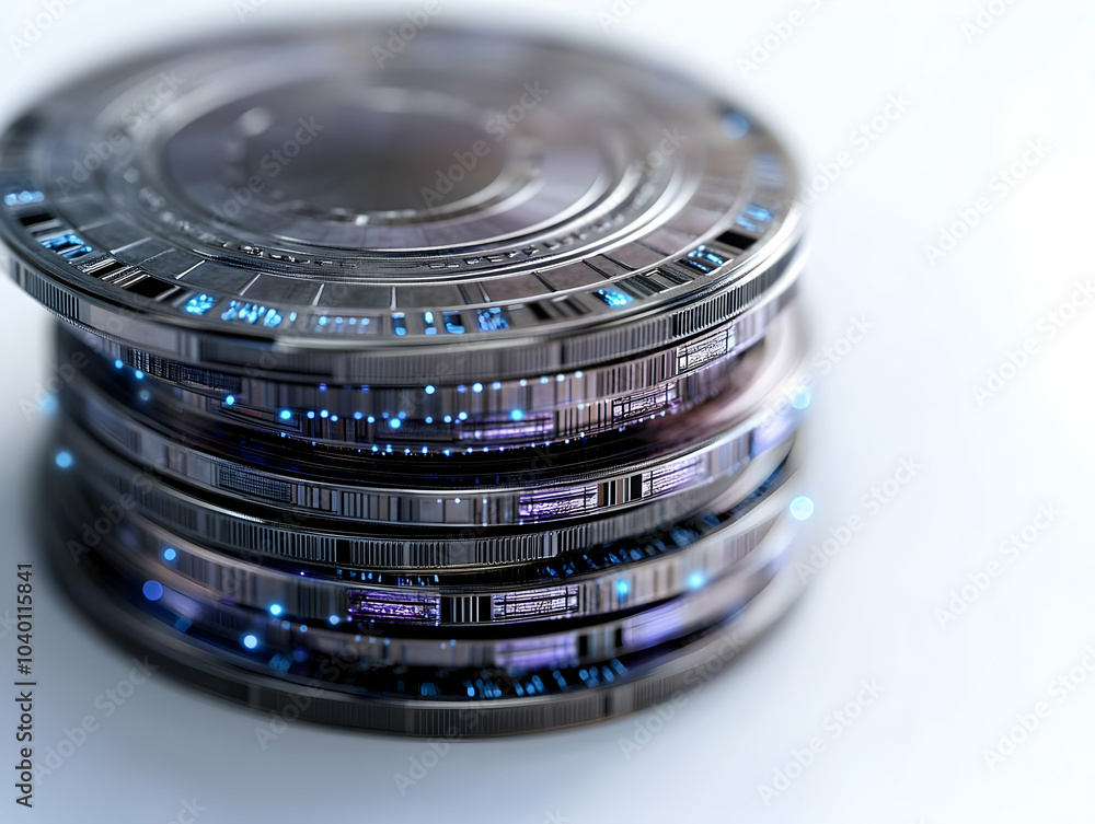 Poster futuristic coin stacked concept close-up with glowing edges digital engravings accumulating wealth r