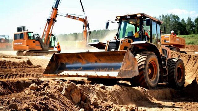 Driving a large orange construction vehicle excavator. The vehicle is surrounded by a crane. Concept of hard work and productivity