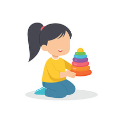 Smiling excited children cartoon character with toy. Little cute girl playing a rainbow donut stacking toys and feel happy vector illustration 
