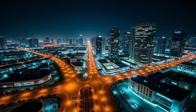 Fototapeta  Bright city lights illuminate the night skyline