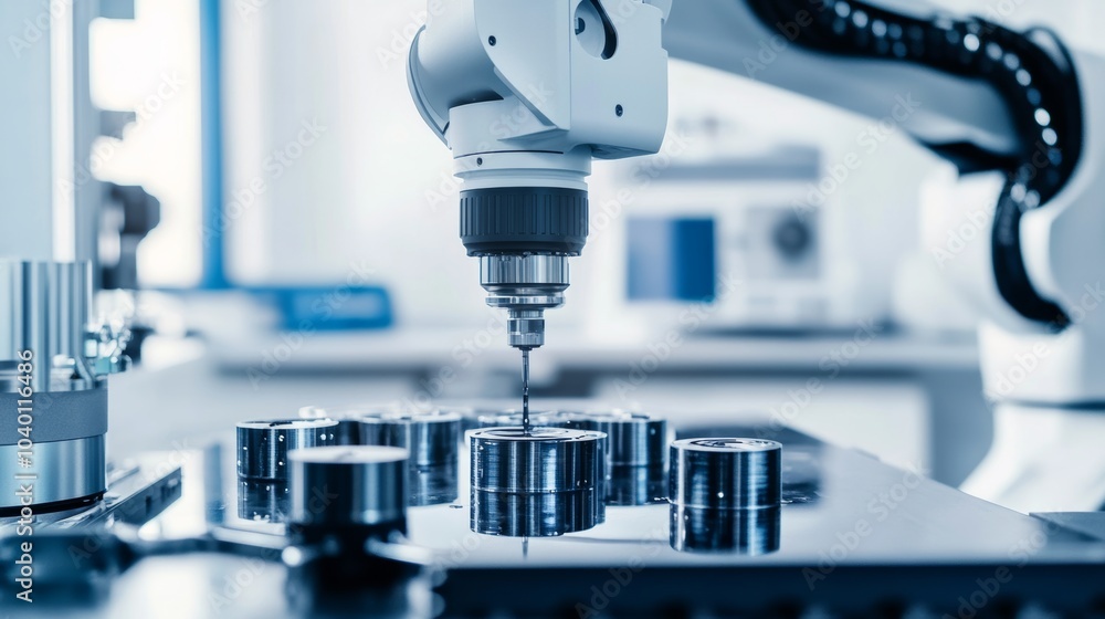 Aufkleber a robot inspecting high-tech aerospace components in a precision engineering workshop with advanced 