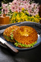 Breakfast sandwich on a bagel.