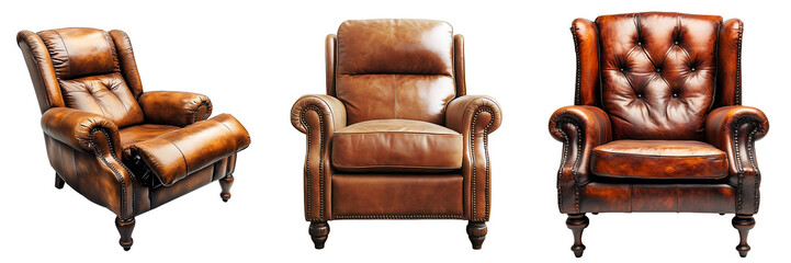 Set of a classic leather recliner isolated on transparent background