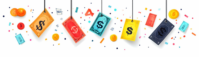Floating Promotional Tags with Currency Symbols and Discount Arrows - Dynamic Vector Illustration Emphasizing Financial Promotions and Strategic Advertising in Business Environments