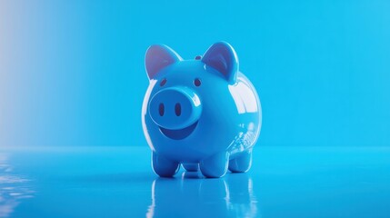 Blue piggy bank with a playful smile, on a vibrant blue background. generative ai