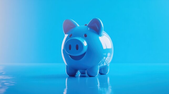 Blue piggy bank with a playful smile, on a vibrant blue background. generative ai
