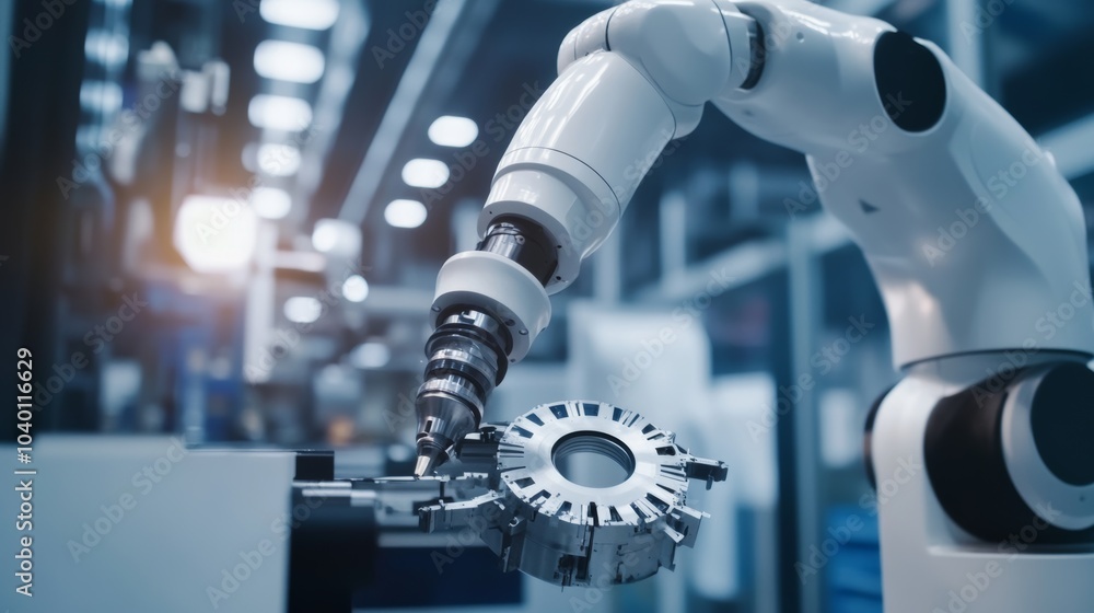 Aufkleber a robot inspecting high-tech aerospace components in a precision engineering workshop with advanced 