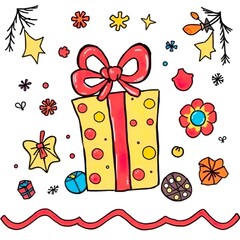 Christmas gifts that are hand drawn colorful with a white background, cartoon, and illustration, with a sense of joy and creativity.