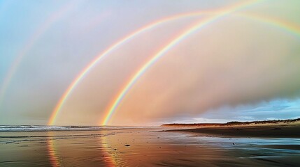 Stunning Double Rainbow Over Remote Coastal Landscape with Vibrant Colors