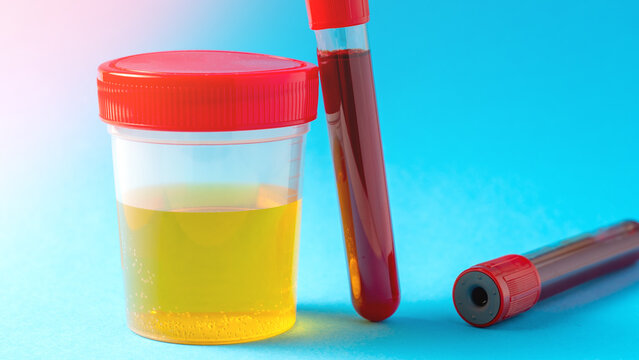 A yellow container with a red lid and a red tube next to it. The container is a urine sample cup and the tube is a blood sample