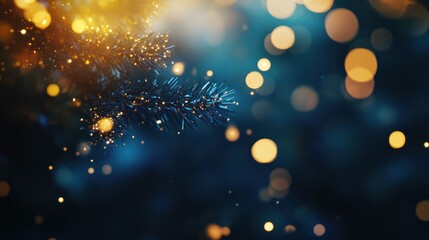 Fototapeta premium Bokeh lumineux de points dorÃ©s et bleus sur un fond sombre, crÃ©ant une ambiance festive et Ã©lÃ©gante - guirlandes de noÃ«l, sapin de noÃ«l, fÃªte de fin d'annÃ©e espace nÃ©gatif copyspace