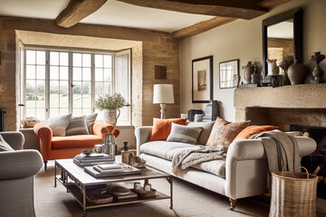 Fototapeta premium Cottage living room decor, sitting room and interior design, antique furniture, sofa and home decor in English country house and elegant farmhouse style idea