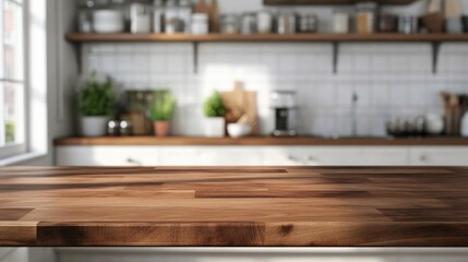 Brown wooden table kitchen counter display copy space with blurred light background