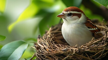 A small brown and white bird sits in a nest made of twigs, looking to the right.  The background is a soft green of blurred leaves.