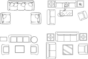 Vector sketch illustration silhouette design drawing of home living room interior with sofa chairs and table