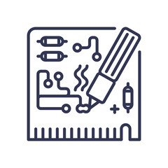 Circuit board design with pen symbolizing electronic assembly and innovation.