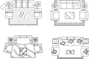 Vector sketch illustration silhouette design drawing of home living room interior with sofa chairs and table 