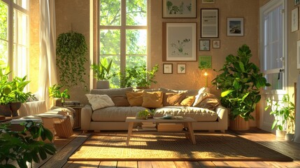 A living room with a couch, coffee table, and potted plants