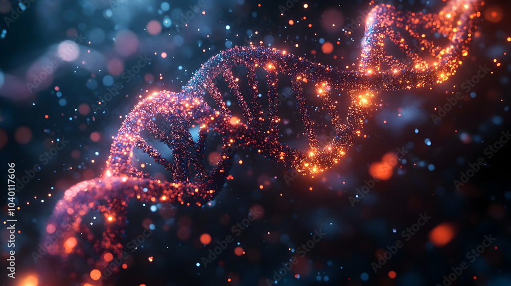 Poster digital abstraction of dna helix intertwined with neural networks, representing the intersection of 