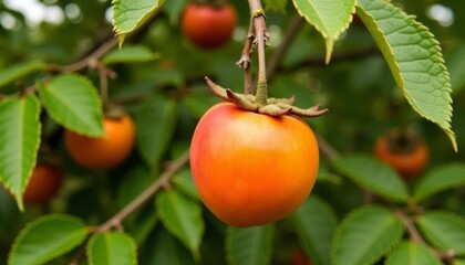  Bright orange fruit hanging from tree branch