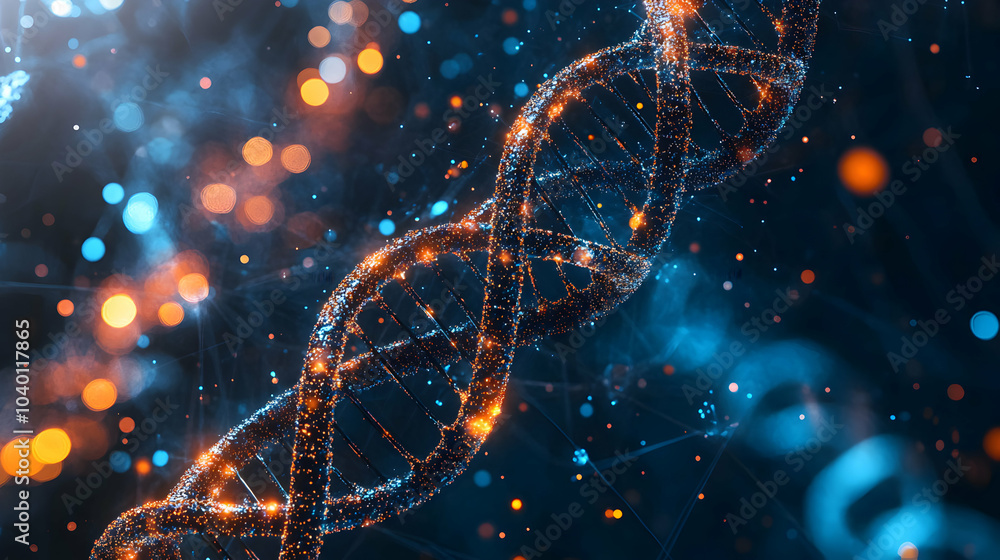 Poster conceptual visualization of genetic engineering featuring molecular dna strands and helix structures
