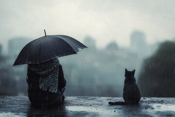 A person with an umbrella and a cat sit side by side, gazing into the rainy cityscape, evoking themes of companionship and solitude.