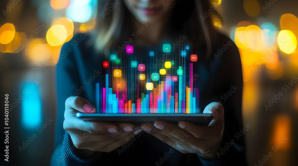 Poster 3d businesswoman analyzing graphs tablet abstract background bokeh lights data analysis digital art 