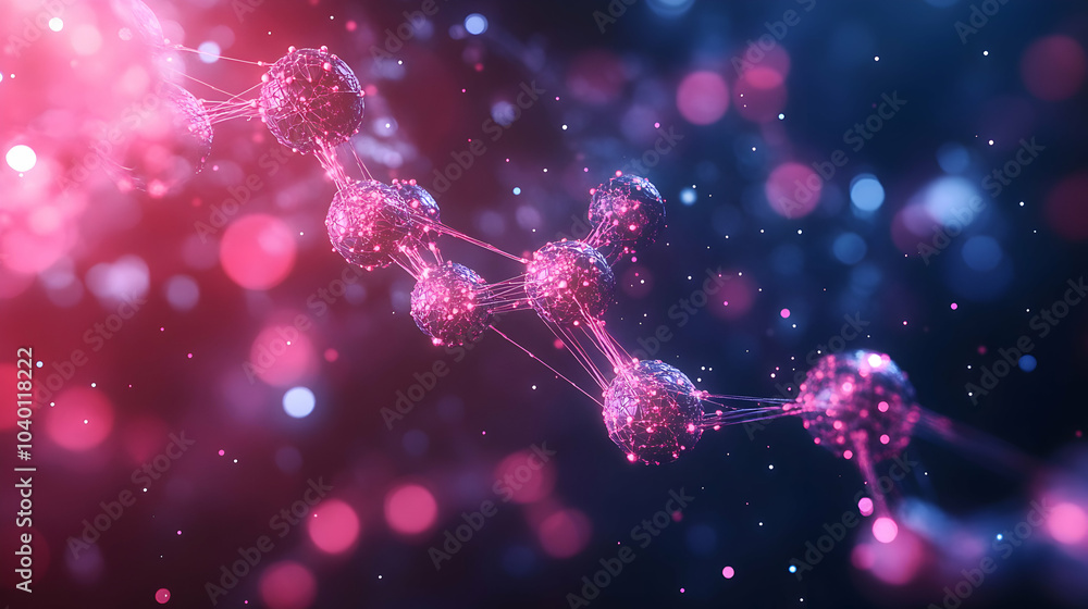 Poster abstract representation of molecular dna structure intertwined with neural network elements in a fut