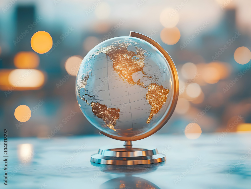 Poster flat abstract globe bokeh effect soft focus global commerce vector illustration | shimmering lights,