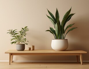 3d rendering of a wooden side table with potted plants and a snake plant in a white pot on a light beige wall background a minimal home interior design of a modern living room