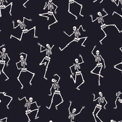 Cartoon skeletons dance seamless pattern. Halloween scary character in different poses, day of dead spooky mascot. Decor textile, wrapping, wallpaper. Print for fabric, tidy vector background