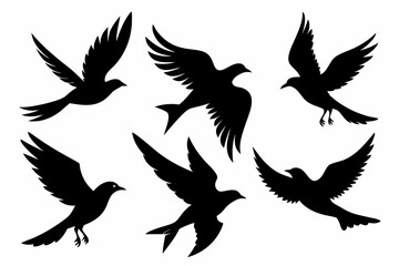 Flock of flying birds silhouette vector, Flying bird black silhouette vector set