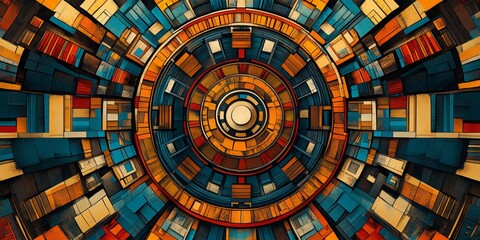 Fototapeta premium Vibrant Aztec Mandala, intricate woodcut design, bold geometric shapes, rich cultural heritage, colorful patterns, striking visual impact