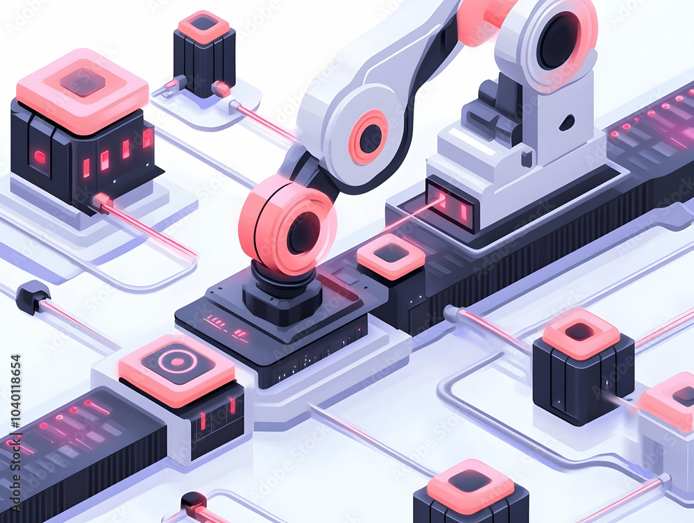 Poster flat nanobot assembly line tracking shot microscopic product assembly with nanobots carrying price t