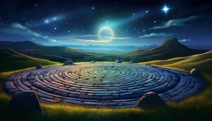 a celestial stone circle bathed in moonlight surrounded by rolling hills and a star studded sky
