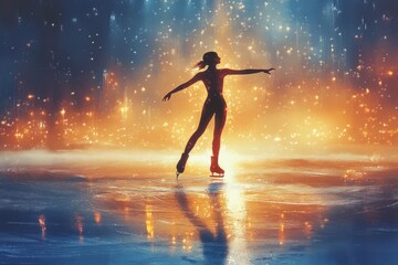 Naklejka premium Female ice skater performing under a shower of sparks on an ice rink