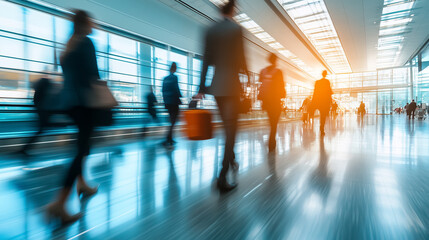 Blurred figures of people walking through a bright airport terminal, symbolizing travel, movement, and the fast pace of modern life.