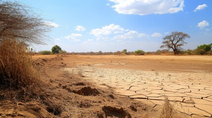 Fototapeta premium African desert with dried-up lake bed and cracked earth, leaving room for copy