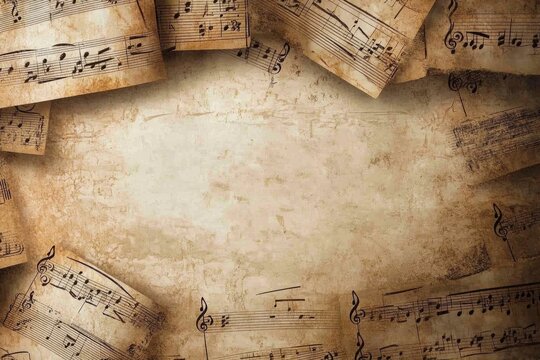 Grunge background with vintage music notes forming a frame