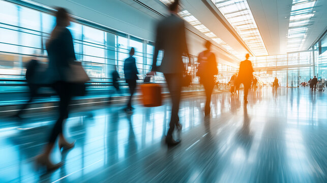 Blurred figures of people walking through a bright airport terminal, symbolizing travel, movement, and the fast pace of modern life.