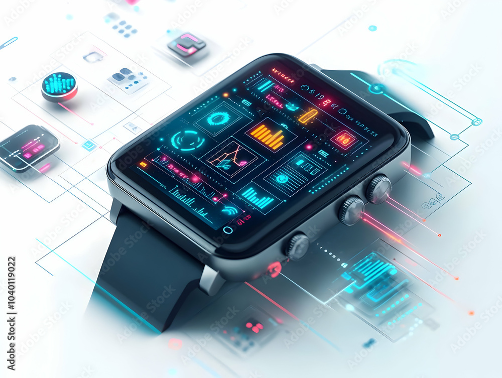 Poster flat smartwatch macro shot white background holographic icons business strategy planning responsibil