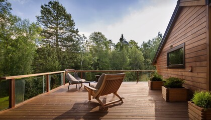 a cozy cabin retreat surrounded by lush greenery featuring a spacious deck with a wooden chair and plants