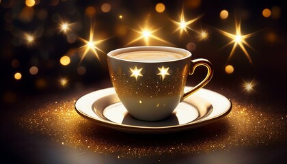 a cup of coffee adorned with golden stars resting on a saucer with a soft glow of light behind it