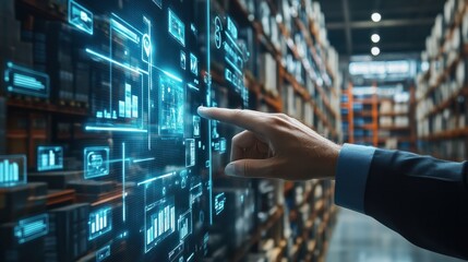 Business person point and manage online e-commerce business automation logistic supply chain in online dashboard. Global worldwide logistic management for online shopping with warehouse inventory.