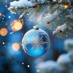 a delicate blue christmas ornament adorned with snowflakes hangs from a snow dusted evergreen branch the background a blur of soft twinkling lights and falling snow
