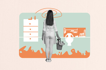 Creative picture collage young housekeeper woman service duty worker interior house apartment room tidy cleanup drawing background