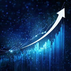 a dynamic visualization of ascending data trends represented by a white arrow rising through a field of blue vertical bars and glowing points on a dark blue background