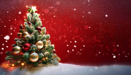 a festive christmas tree adorned with ornaments and glowing lights against a red background with snow